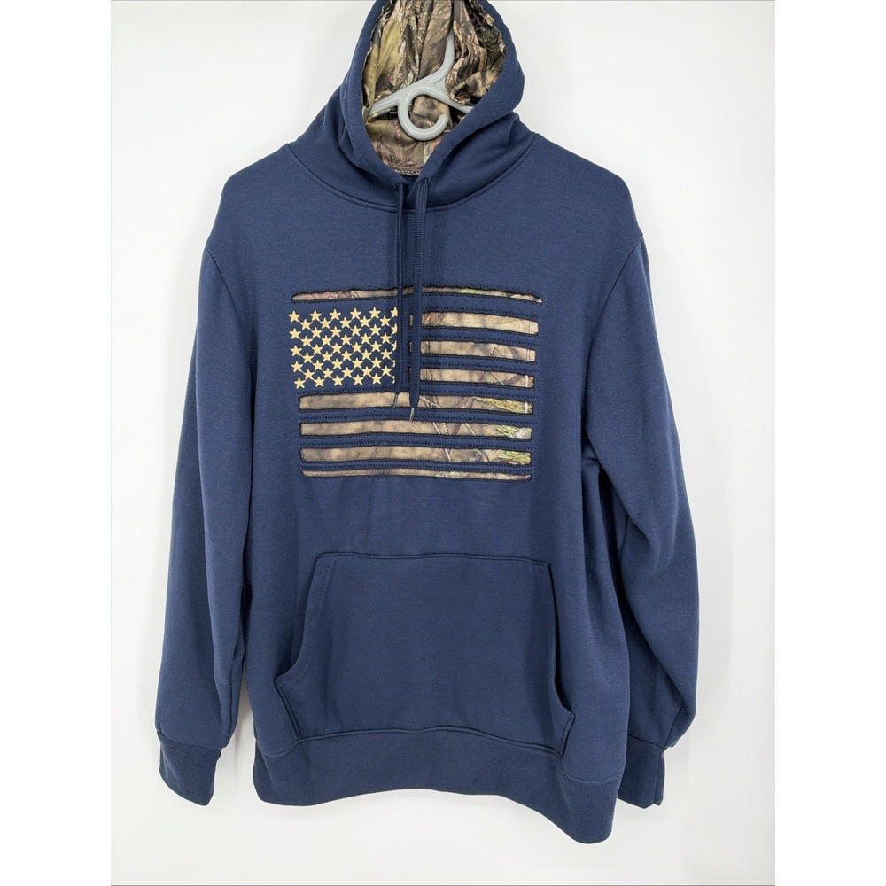 Mossy Oak  Men's Blue USA Flag Embroidered Fleece Pullover Hoodie M